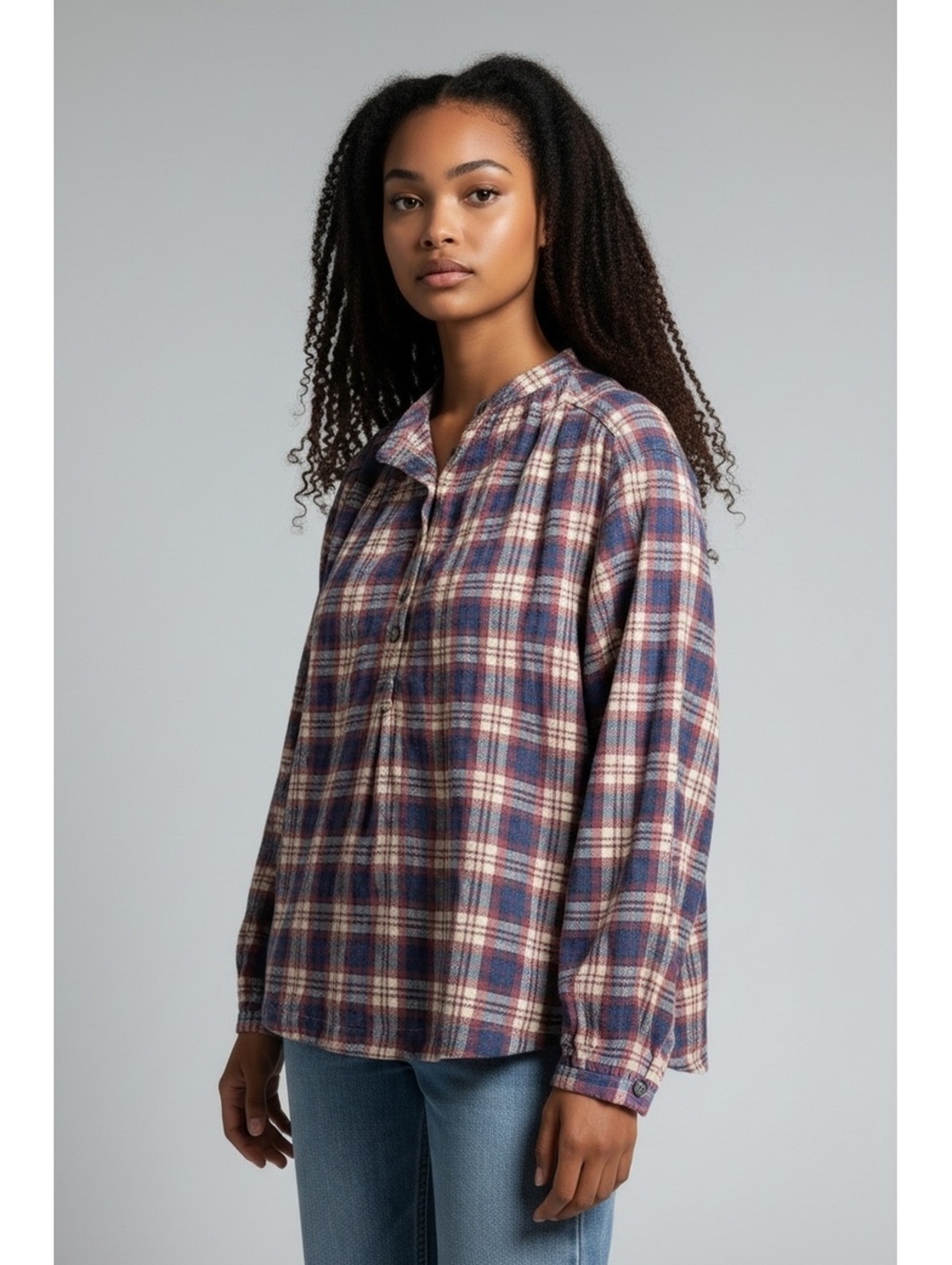 Free People Plaid Oversized Henley Tunic Top Size S Boho Grunge Flannel